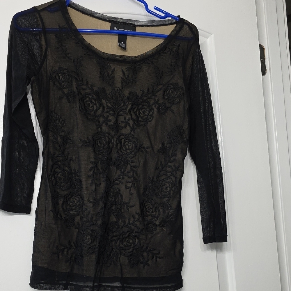 NY Collection Black Sheer Embellished Blouse